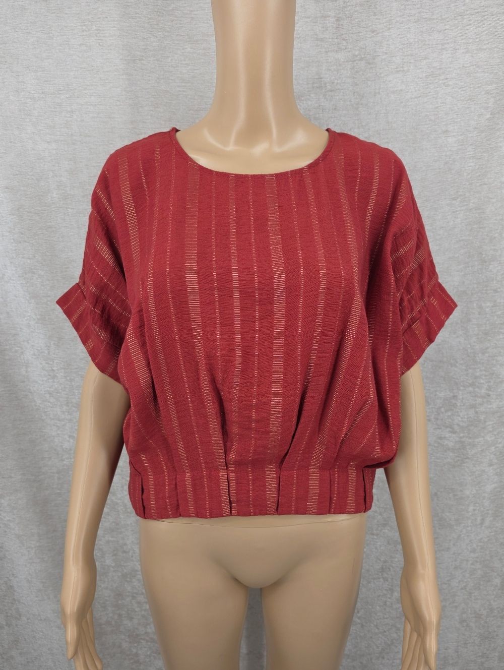 Velez Classic Deep Red & Metallic Gold Short Sleeve Blouse Drop Shoulder Top